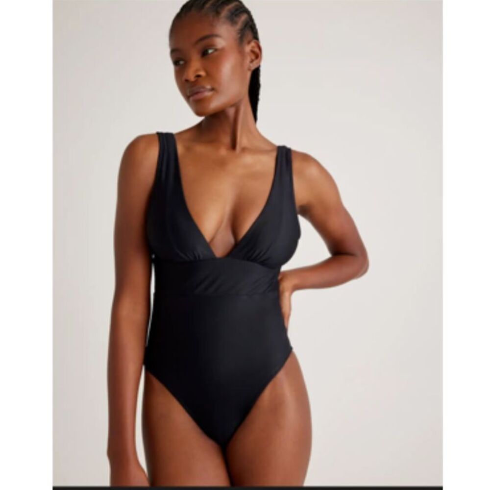 Quince Italian Plunge One Piece Swimsuit Small Black NWOT